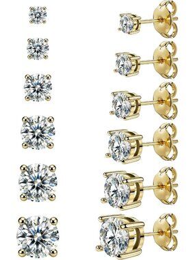 Women's 6 Pairs 3-8mm Gold Hypoallergenic Stainless Steel Stud Earrings Set